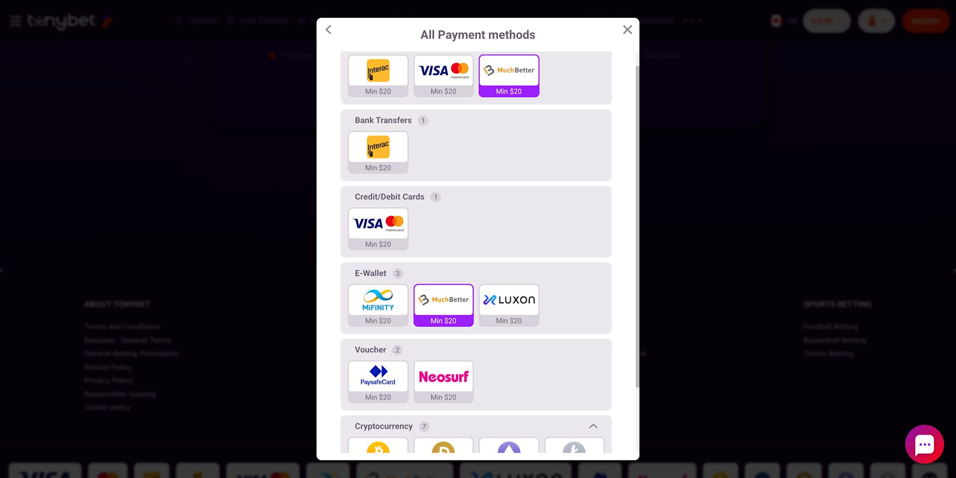 Tonybet cashier page with payment methods